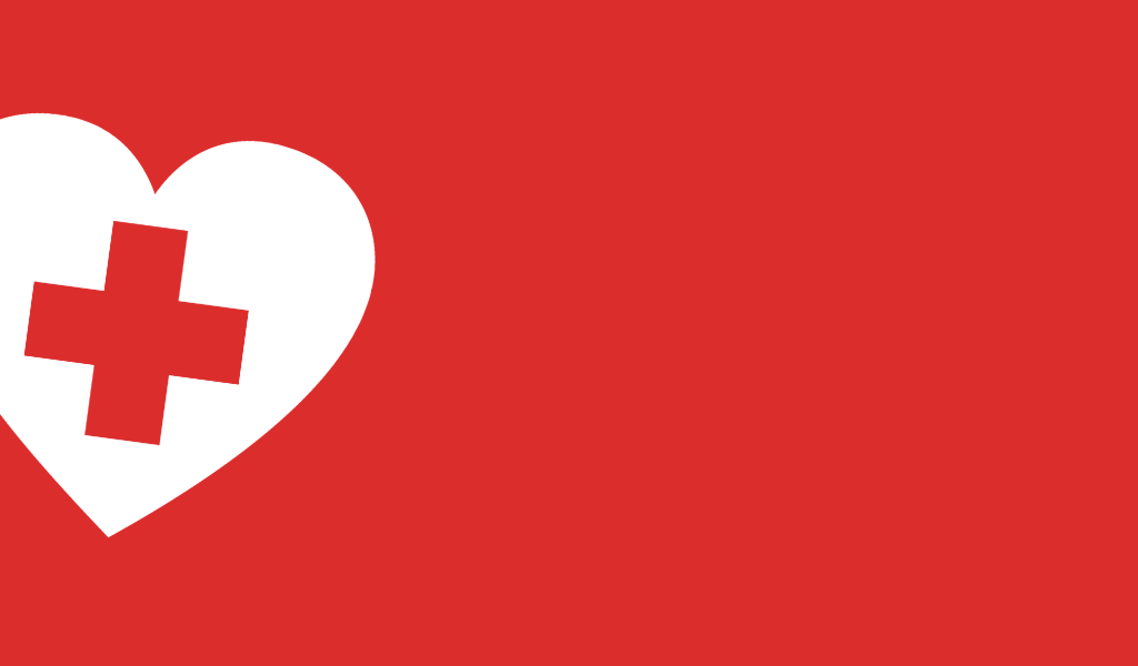 Roter Hintergrund mit einem weißen Herz am linken Rand und einem roten Krankenhauskreuz in der Mitte des Herzen.